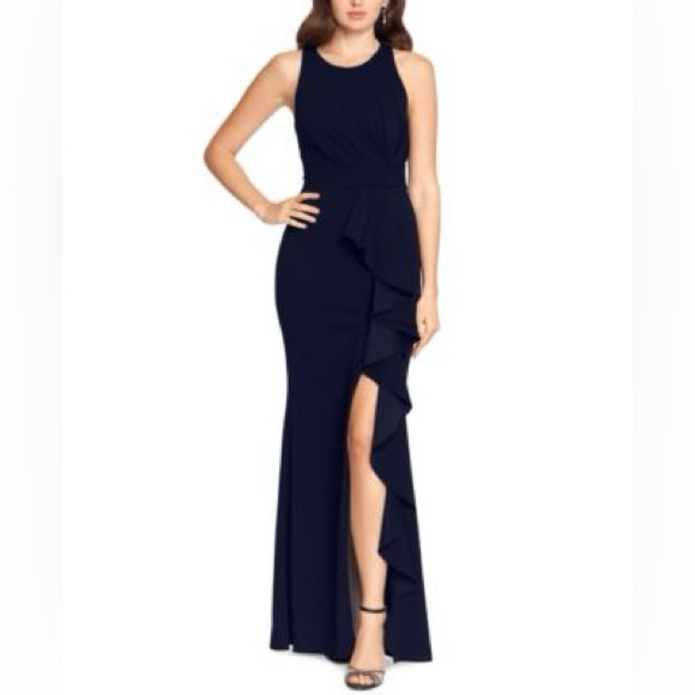 Betsy&Adam Black Crewneck High Slit Ruffle Gown 
 Navy Blue Sleeveless 10‎
